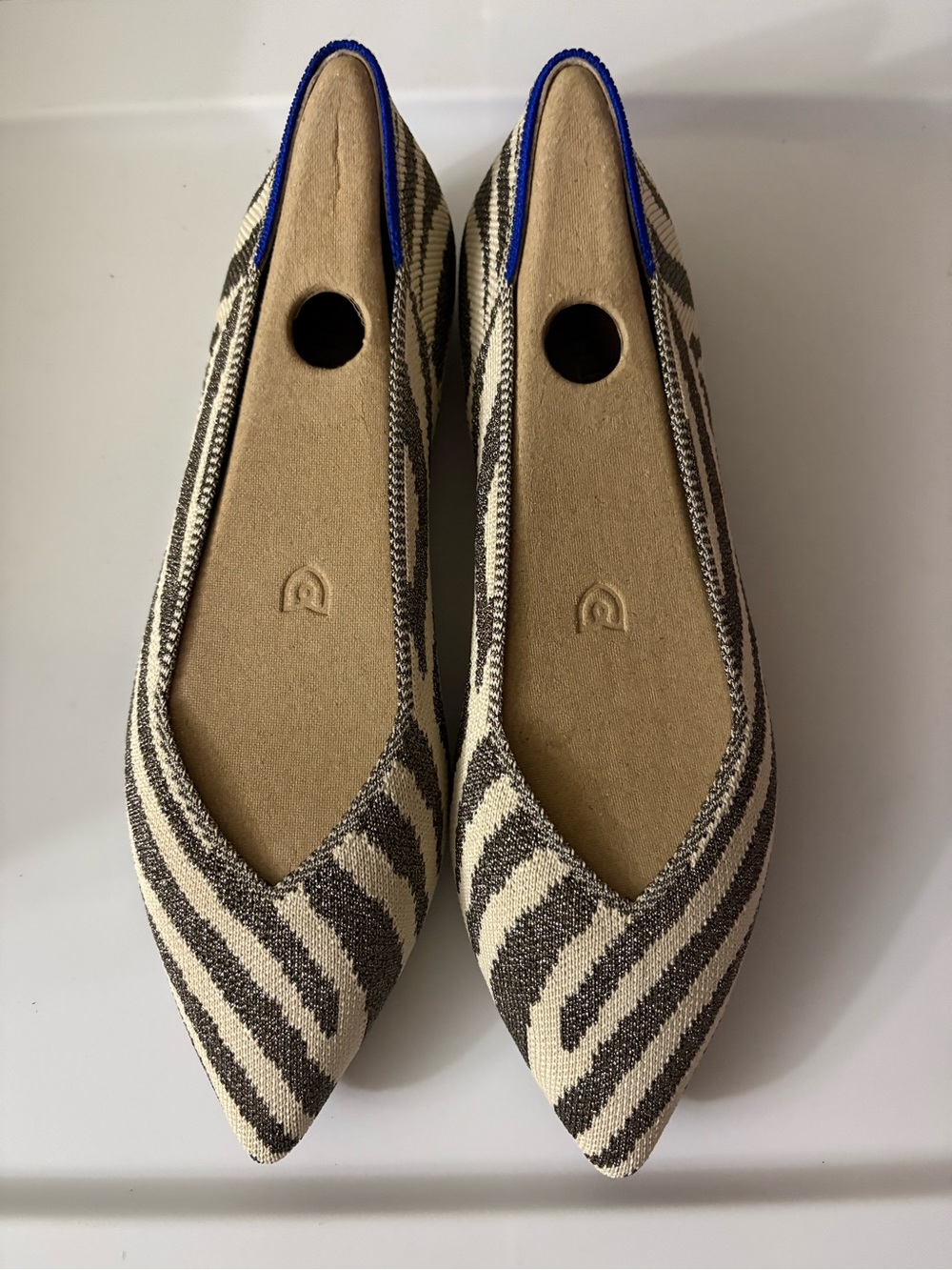 BRAND NEW! Rothy's Pointed Zebra-Print Flats in Cream and Brown with Blue Trim - Picture 1 of 3